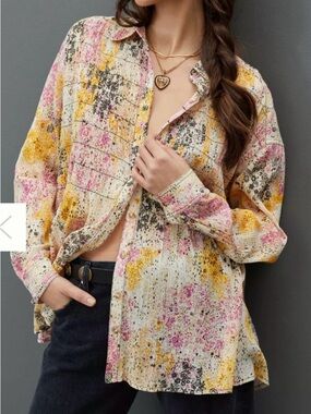 Anthropologie Pilcro Boho Button Down Oversized Abstract Print Blouse